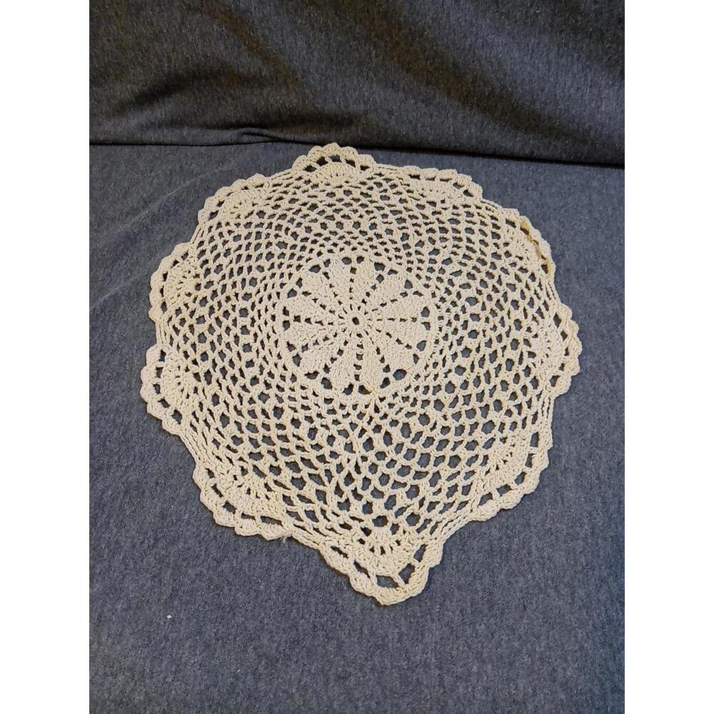 Crochet Doilie Beige 12" L x 10" W Floral Round Knit Vintage